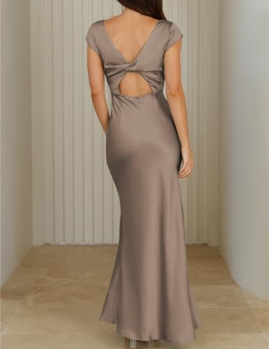 Image of Halfisland Womens Summer Satin V Neck Cap Sleeve Midi Dress Wedding Guest | 2026 Summer,Backless,Hollow Out,Long,Formal,Cocktail,Twist,Bridesmaid,Party,Baby Shower,Short Sleeve,Beach,Elegant,Evening