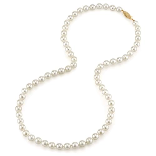 The Pearl Source 14K Gold 7.0-7.5mm Round Genuine White Japanese Akoya Saltwater Cultured Pearl Necklace in 18