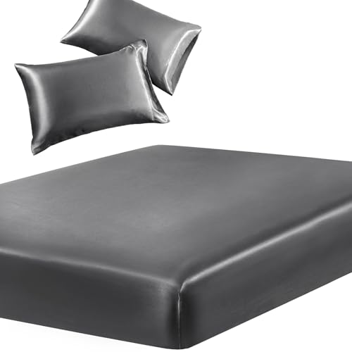 Image of SiinvdaBZX 3-Piece Set Satin Twin Fitted Sheet & 2 Pillowcase, Grey Silky Soft Fitted Bottom Sheet, Wrinkle Free, Fade Resistant, Deep Pocket Bed Sheet (Deep Up to 15")