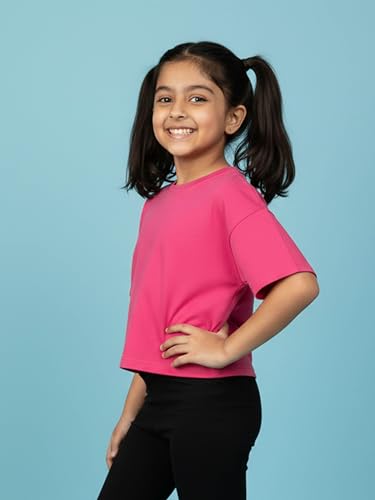 Image of KiddoPanti Girls 100% Cotton Solid Drop Shoulder Half Sleeve Round Neck Crop Tee