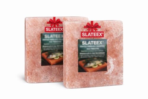 Slateex Lot de 2 pierres de sel de l'Himalaya 20 × 20 × 2,5 cm (2,3 kg chacune) – Plaque de sel naturelle sans produits chimiques – Pierre à griller pour viande, poisson, légumes et desserts
