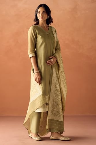 Image of FIORRA Women Green Cotton Jacquard Woven Kurta Set with Dupatta