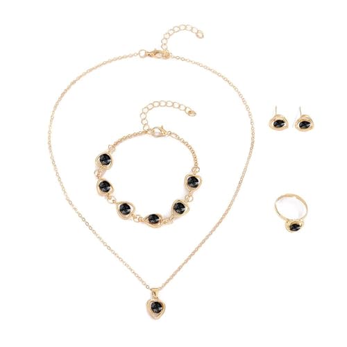 FDEETY Herzförmige Kristall Schmuckset Halskette Armband Ohrringe Ring Elegant Damen Schmuck Klassisch Juwelenkollektion Luxuriös Glänzend (Schwarz)