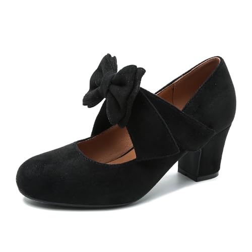 Womens Bowknot Heels Bow Mary Jane Shoes Closed Toe Chunky Low Block Heel Dress Pumps