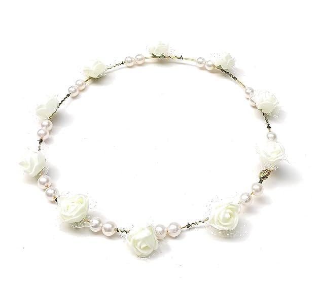 shopyidol Artificial Floral Headpiece Roses Foam Flower Wedding Bridal Beach Party Travel Headpiece Wreath Crown Tiara for Girls, Teens and Women (Pack of 2 pcs) (White, Free Size) - Image 5 thumbnail