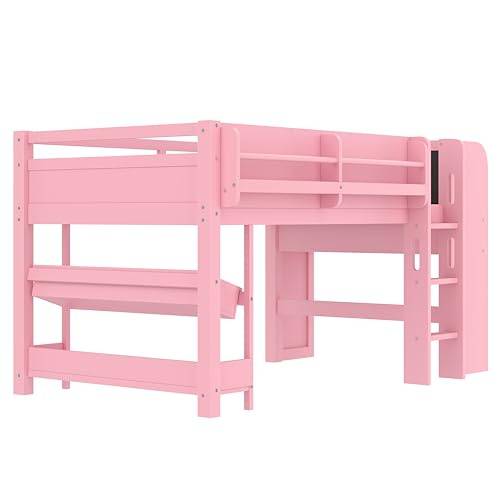 Image of Twin Loft Bed with Multi-Storage Bookcases, Boxes and Drawers, Solid Wood Low Loft Beds with Desk and Blackboard, No Box Spring Needed (Pink-01)
