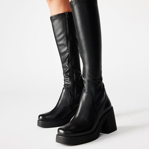 Knee High Boots Women Square Toe Elastic Boots Platform Chunky Heel Stretchy Tall Boots Side Zipper Fashion Dress Long Boots4
