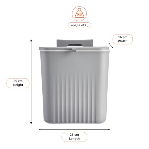 Image of Amazon Basics 9 Litre Kitchen Dustbin with Lid, Hanging Plastic Trash Can for Cabinet Door, Wall Mounted Garbage Bin, Double-Sided Open Design - Grey
