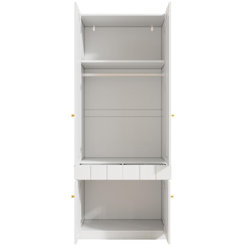 Merax 2er-Set Kleiderschrank für Kinderzimmer – Weißer Lack-Kleiderschrank mit Kleiderstange und Schubladen, Metallgriffe, 160×50×200 cm – Perfekt für kleine Räume und Schlafzimmer