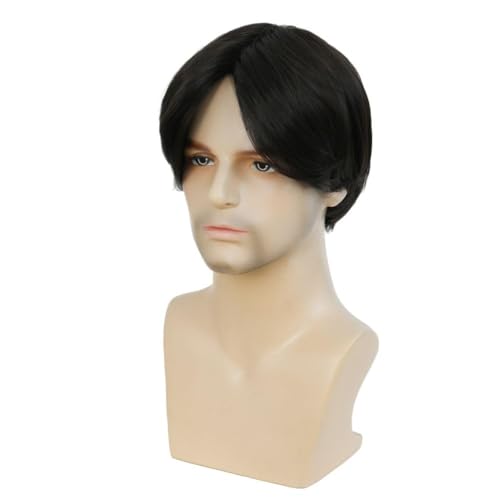 Image of Swiking Mens Black Short Wigs Middle Part Layered Fluffy Natural Synthetic Male Hair Wig Daily Halloween Wig(Black)
