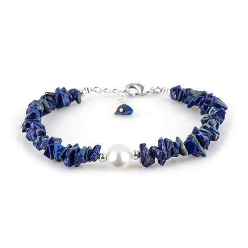 CRYSTALINES Natural Lapis-Lazuli Gemstone Bracelet with Cultured Pearl, Uncut Nuggets Beads, Handmade Women Jewelry, Healing Crystal, Silver Plated Chain, Birthstone, Gift for Her, 8inch
