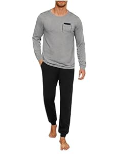 Uniexcosm Schlafanzug Herren Lang Zweiteiler Pyjama Set Herbst Winter Nachtwäsche Rundhals Langarm Oberteil und Pyjamahose Schlafanzüge für Männer B:Grau 3XL
