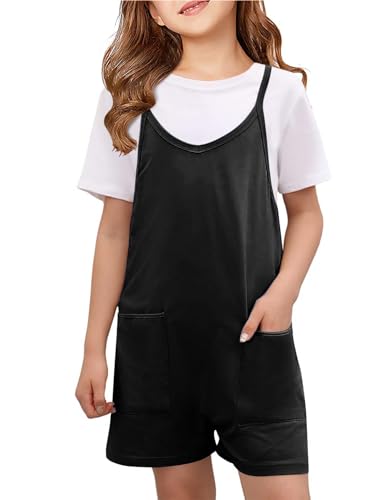CharmWM Girls Summer Jumpsuits Spaghetti Strap Sleeveless Loose Romper Short Pants with Pockets 5-14 Years