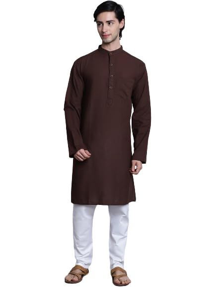 Brown Solid Cotton Men's Long Kurta-image-13