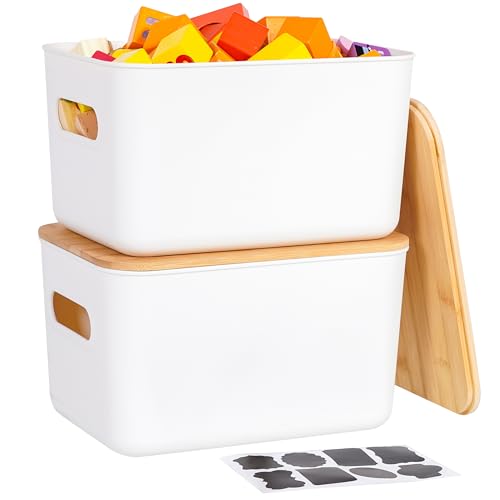 Citylife 2 PCS Storage Bins with Bamboo Lids Plastic Storage Containers for Organizing Stackable Storage Box with Handle, 10.23 x 7.08 x 6.3 inch