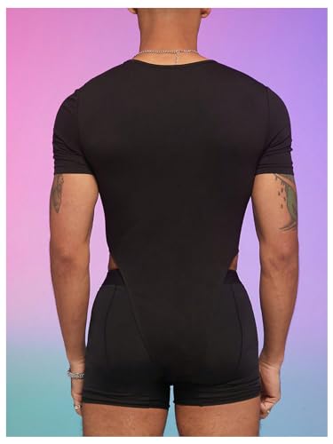 GORGLITTER Men's Mesh Jumpsuit Sheer Bodysuit Crew Neck Short Sleeve Transparent Shirt2
