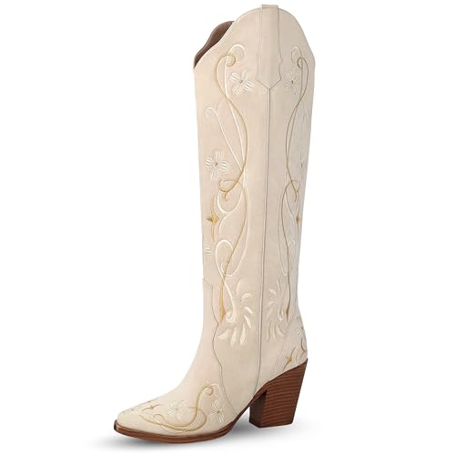 Image of Beige Cowboy Boots for Women, Knee High Cowgirl Boots with Pointed Toe, Chunky Heel, Floral Embroidery Western Boots Suede Tall Boots Size 8.5