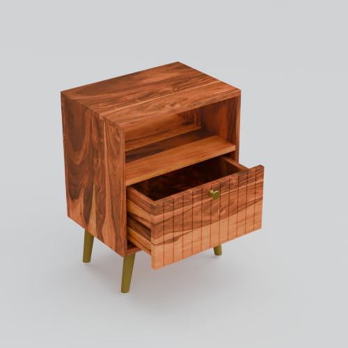 Image of Solid Sheesham Wood Bedside Table with Storage Cabinet & Open Shelf | Wooden Nightstand with Fluted Door, Gold Finish Metal Legs & Brass Knob (Honey Finish)
