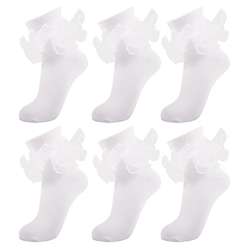 Image of Women Big Ruffle Ankle Socks Adult Double Lace Frilly Turn Cuff Dress Socks Cotton Cute Fancy Bobby Crew Socks