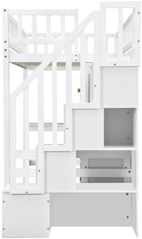 Twin Size Loft Bed with LED Desk and Staircase, Wooden Loft Bed Frame with Storage Cabinets and Shelves for Kids Teens (White)