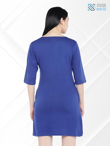 Image of STATUS MANTRA Women's Long T-Shirt Dress - Cotton Casual Knee Length Dress with 3 /4 Sleeves | Soft Bio-Washed Fabric, Crew Neck, Relaxed Fit | Comfy Summer Lounge Wear