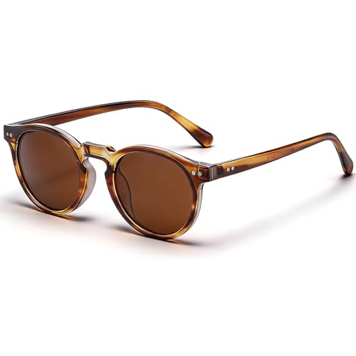 CIKJUK Lunettes de Soleil Homme Femme Ronde Polarisées - Vintage Petit Teinté Classique Protection UV Retro Lunettes Soleil Rondes - Thé/Marron