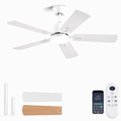 FUMLTP 42 inch Modern White Ceiling Fans with Lights APP/Remote Control, Low Profile Reversible 6 Speeds Ceiling Fan Light for Indoor/Outdoor Patio Bedroom Living Room