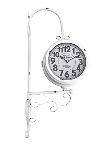 White Wrought Iron Vintage-Inspired Train Railway Station Style Round Double Side Two Faced Wall Hanging Clock - 25.5 inches Tall Old Town Clocks - White with Decorative Rust