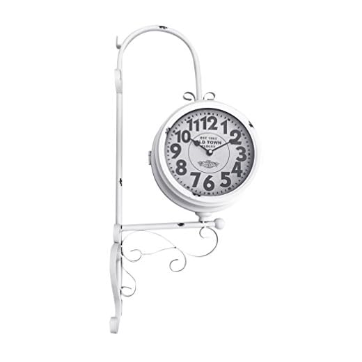 White Wrought Iron Vintage-Inspired Train Railway Station Style Round Double Side Two Faced Wall Hanging Clock - 25.5 inches Tall Old Town Clocks - White with Decorative Rust