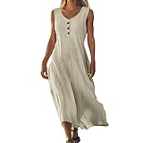VgguDoe Strandkleid Damen Luftig Lang,Sommerkleid Damen Lang,V-Ausschnitt Kleid Ärmellos,Sommerkleider für Mollige,Umstandskleid Festlich,Leinenkleider Sommer 1-1-beige S
