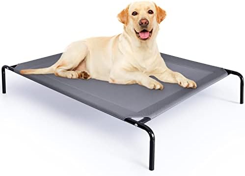 BRIKY Extra Large Elevated Dog Bed, Outdoor Raised Dog Cot Bed, Grey Portable Pet Beds with Cooling Washable Mesh XL