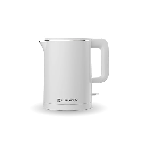 Muller Kitchen MK-6061 Hervidor de agua eléctrico (1L,1000W, doble pared, base giratoria de 360 ​​grados, apagado automático con protección contra ebullición en seco) (BLANCO)