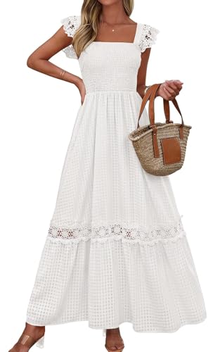 PRETTYGARDEN Women's Smocked Summer Maxi Dresses 2026 Ruffle Cap Sleeve Square Neck Lace Detail Flowy Sundress with Pockets (White, XX-Large)