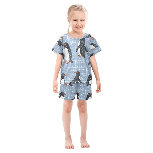Penguins Blue Lattice Kids Pjs Set Boys Girls Summer Short-Sleeve Sleepwear Pajamas 2PCS3