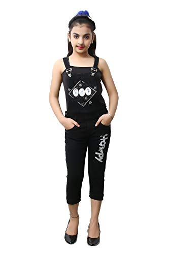 Image of FNOCKS Girls Casual WEAR Slim FIT Trendy Blue Denim Dungaree Capri (Black