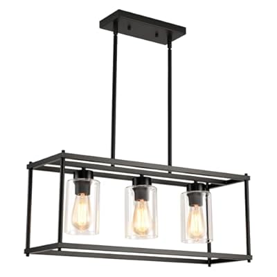 Sicddde Farmhouse Dining Room Light Fixture, Black Retangular 3-Light Kitchen Island Lighting with Glass Shade, Industrial Rectangular Chandelier Over Table for Kitchen Pool Table Bar, L26 Inch