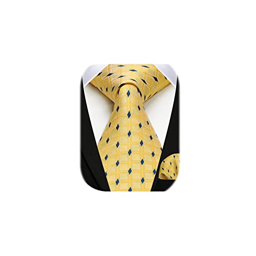 HISDERN Cravate à carreaux pour homme avec mouchoir tissé classique pour homme Cravate jaune et pochette de costume Ensemble affaires de mariage