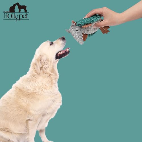 Image of Hollypet Plush Dog Squeaky Toy Stuffed Armadillo Animal Pet Puppy Chew Toys with Clean Teeth for Small Medium Large All Breed Sizes Dogs, Deep Green, 6 in