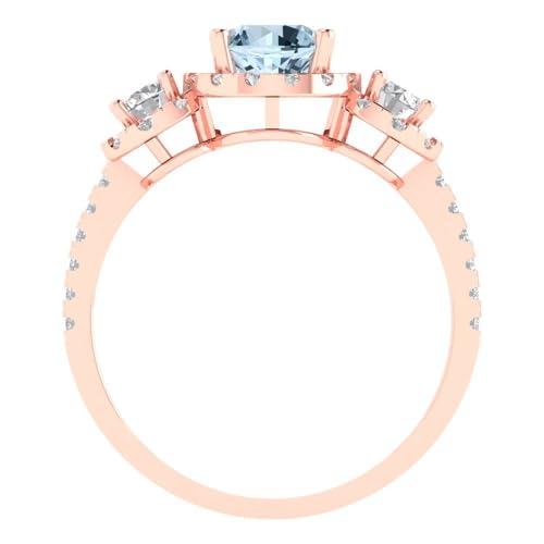 1.79 ct Round Cut Natural Aquamarine 14k White Gold Halo Three-Stone Wedding Engagement Bridal Promise Ring4