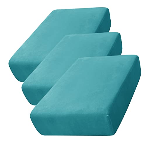 CONRUSER Stretch Cushion Cover, Soft Velvet Plush Cushion Slipcover Seat Sofa Covers Furniture Protector with Elastic Bottom (Turquoise, 3)
