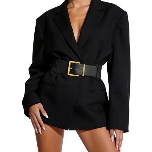 TRIWORKS Women Wide Elastic Belt for Dresses Vintage Stretchy Waist Belt with Gold Chunky Buckle Black