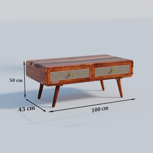 Image of DRIFTINGWOOD Amber Mid-Century Modern Solid Sheesham Wood Coffee Table - Wooden Center Table for Living Room with 2 Rattan Storage Drawers, Honey Finish