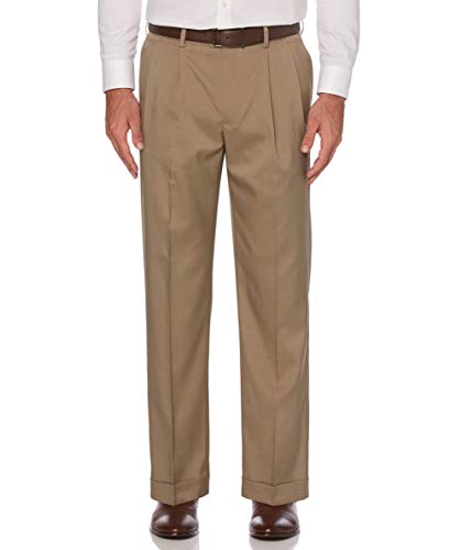 Savane Men's Pleated Stretch Crosshatch Dress Pant, Dark Patina, 36W x 30L