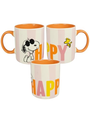 The Peanuts Snoopy Tasse - HAPPY Kaffeetasse Becher Kaffeebecher aus Keramik Weiß/Orange 320 ml