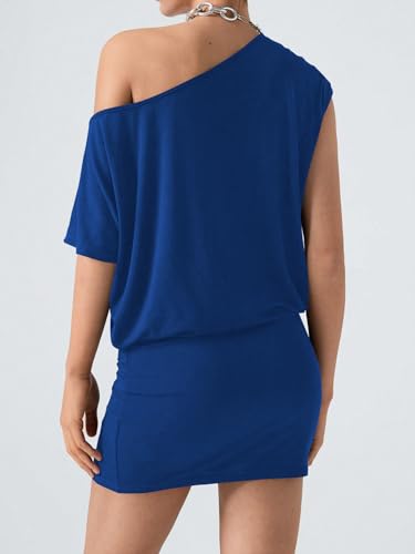 Image of SOLY HUX Women's Off The Shoulder Mini Dress Going Out Asymmetrical Neck Short Sleeve Casual Bodycon T Shirt Dresses