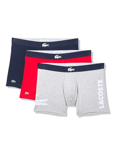 Lacoste Men's Cotton Stretch Big Croc Print Boxer Briefs, 3-Pack, Navy Blue/Grey/Red, X-Large