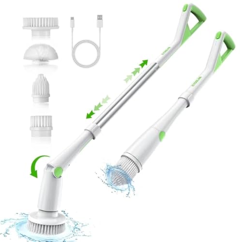 Shower Scrubber with Long Handle, Electric Spin Scrubber with 4 Replaceable Brush Heads and Adjustable Extension Handle, Bathroom Scrubber for Bathroom Floor Tile