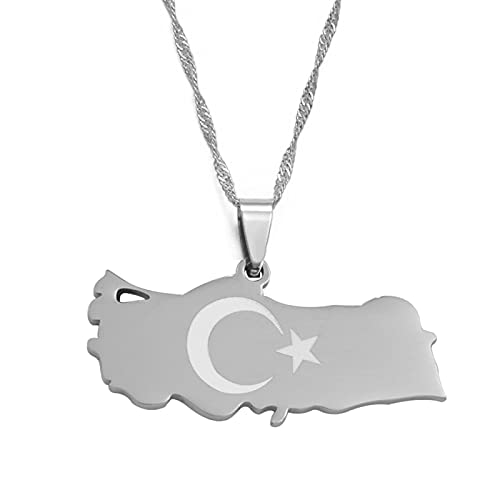 LIUZIXI Turquie Carte Pendentif Collier - Charme Ethnique Turcs Pays Carte Drapeau Pendentif - Hip Hop À La Mode Chaîne Mince Bijoux pour Hommes Femmes Cadeau De Fête d'anniversaire, Argent Cover