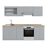 Vicco Küchenzeile R Line, Grau, 240 cm, AP Eiche, mit variabel positionierbaren Modulen und höhenverstellbaren Füßen