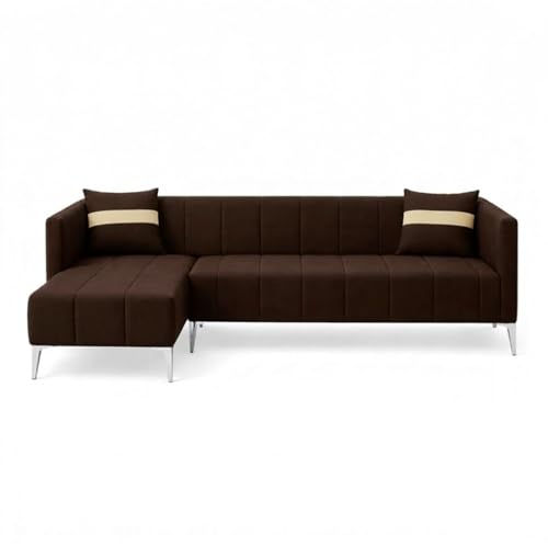 Image of Solomon Luxe Velvet-Suede Fabric 5 Seater LHS L Shape Sofa | Comfortable & Spacious Seating | Modern Sofa for Living Room - Dark Brown